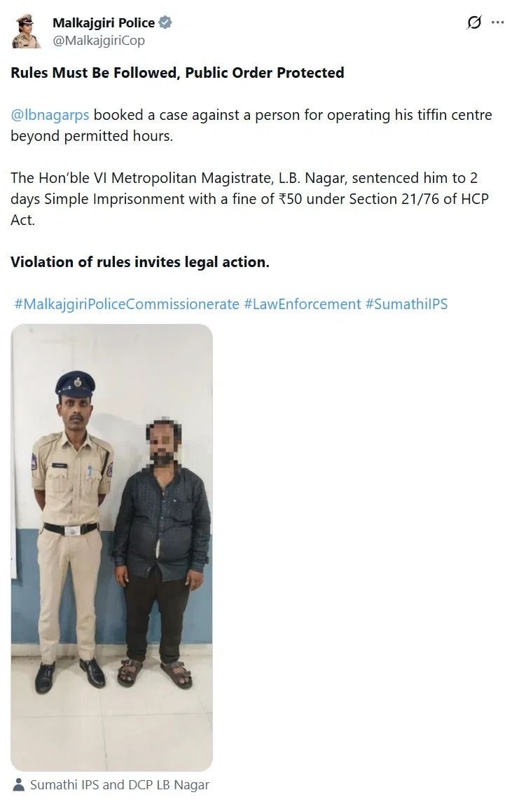 eshwarreddy_off's tweet photo. Hyderabad can finally sleep peacefully tonight.

Our police caught a big criminal. A small tiffin centre owner who kept his shop open beyond permitted hours. And @MalkajgiriCop  proudly posted it on social media too. What an achievement!!!!! 

2 days in jail. For what? Trying to earn a few hundred rupees extra for his family? 

And then proudly posting it as “Public Order Protected.”

Seriously, how cruel can the system be?

Where was this same “Public Order Protected” ruthlessness when a POCSO accused was out on bail, the minor complainant needed protection and six people ended up being murdered?

But yes, apparently idlis and dosas after hours are a bigger threat to society than dangerous criminals.

The purpose of law is not merely to punish. It demands judgment, fairness and humanity. 

Maybe this is what “no more friendly policing” means. @TelanganaDGP 

@revanth_anumula 
@PawanKalyan 
@itsRamTalluri
