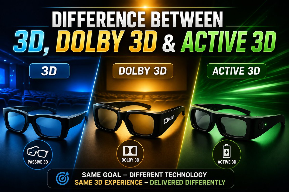 movie__maniac's tweet photo. Difference Between 3D, Dolby 3D & Active 3D

─────────────────────────

⭐ 3D (Passive 3D / RealD 3D):

This is the most common 3D format in cinemas. It uses lightweight polarized glasses that don't require a battery. The projector displays separate images for each eye using polarized light, and the glasses ensure each eye sees the correct image.

⭐ Dolby 3D:

Dolby 3D also uses passive glasses, but instead of polarization, it separates the left and right images using different wavelengths of light. This provides consistent colors and doesn't require a special silver screen like polarized 3D systems do.

⭐ Active 3D:

Active 3D uses battery-powered glasses with LCD shutters that rapidly switch between transparent and dark. The projector or TV alternates between the left-eye and right-eye images at a very high refresh rate, while the glasses stay synchronized with the display so each eye sees only its intended image.

All three technologies create the same 3D effect, but they use different methods to deliver separate images to each eye.