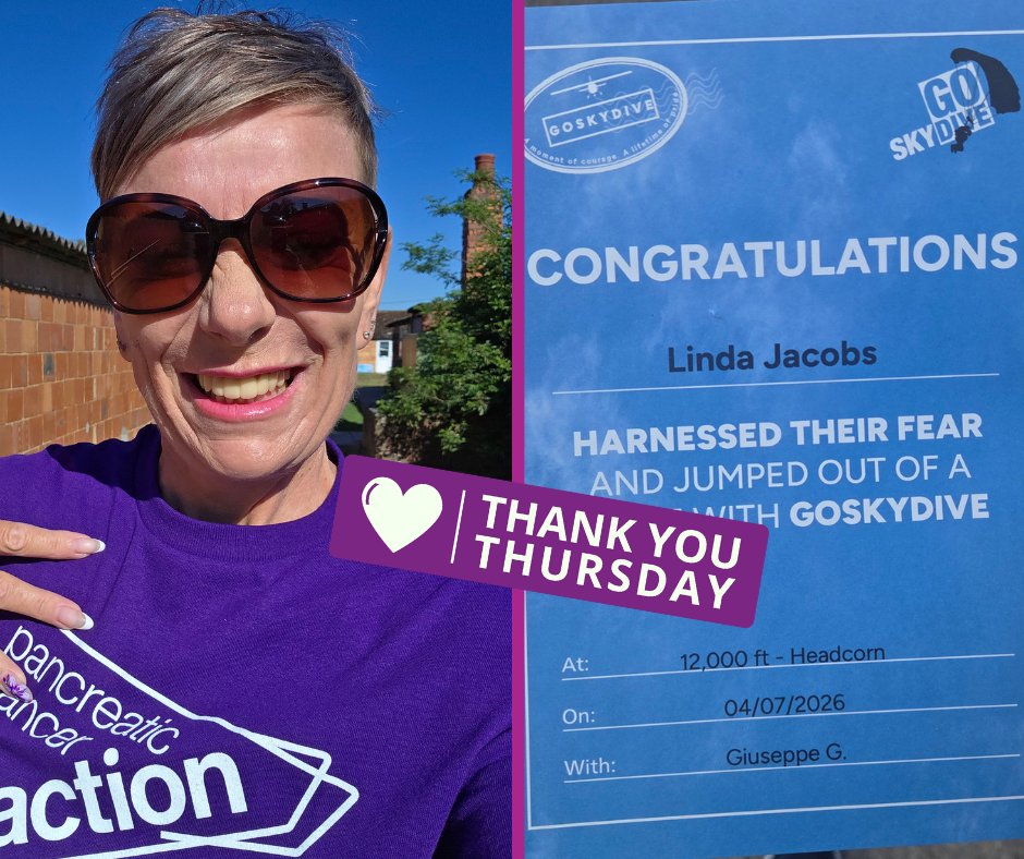 OfficialPCA's tweet photo. It’s #ThankYouThursday! 💜

A huge well done to Linda Jacobs, who took to the skies for Pancreatic Cancer Action and raised an incredible £1,000! 🪂

If you haven't already, you can still donate here: https://t.co/ZNYqDl69Mz

#PancreaticCancer #Fundraising #SkyDive https://t.co/66QJHrPLyg