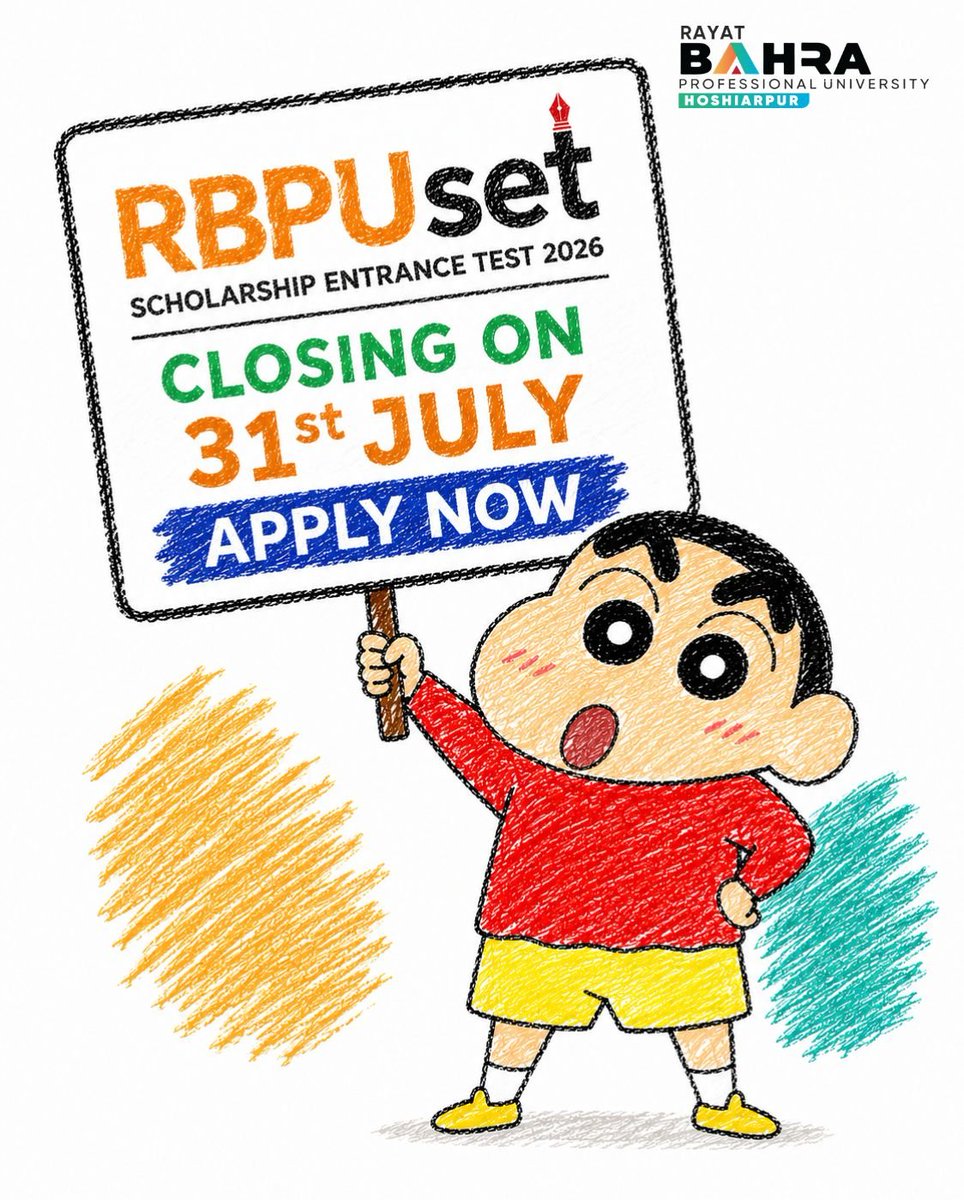 RayatBahraHsp's tweet photo. ⏳ Time is running out!
The RBPUSET 2026 Scholarship Entrance Test application window is closing soon. 31st July 2026 is your last chance to apply and unlock exciting scholarship opportunities.
🎓 Apply today. Secure your future.
#RBPU #scholarships https://t.co/i8bOY9uUhr