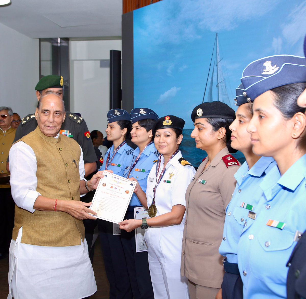 rajnathsingh's tweet photo. Felicitated the nine women officers of the three Services, who returned home after successfully completing the first-ever Tri-service all-women circumnavigation sailing expedition ‘Samudra Pradakshina’ onboard the Indian Army Sailing Vessel (IASV) Triveni. 

Applauded their courage and determination in successfully completing the 314-day voyage covering nearly 25,500 nautical miles across four oceans. The success of this expedition is a testament to Nari Shakti and an outstanding example of Tri-service jointness & synergy that will inspire every Indian.

https://t.co/PDoIpIZfvt