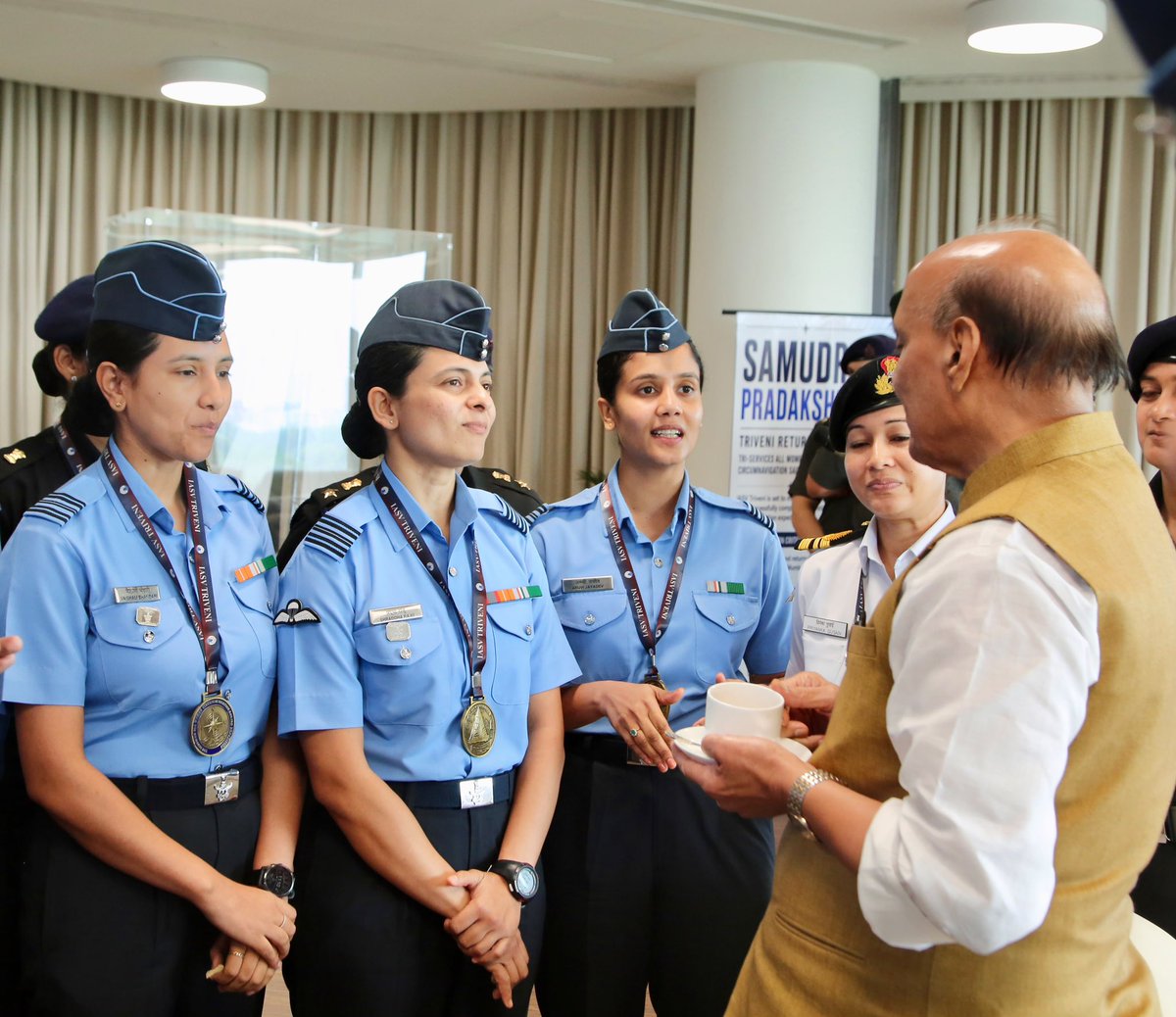 rajnathsingh's tweet photo. Felicitated the nine women officers of the three Services, who returned home after successfully completing the first-ever Tri-service all-women circumnavigation sailing expedition ‘Samudra Pradakshina’ onboard the Indian Army Sailing Vessel (IASV) Triveni. 

Applauded their courage and determination in successfully completing the 314-day voyage covering nearly 25,500 nautical miles across four oceans. The success of this expedition is a testament to Nari Shakti and an outstanding example of Tri-service jointness & synergy that will inspire every Indian.

https://t.co/PDoIpIZfvt