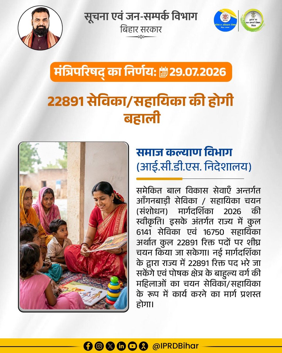 IPRDBihar's tweet photo. मंत्रिपरिषद् का निर्णय: 
दिनांक: 29.07.2026

रोजगार सृजन की दिशा में सेविका/सहायिका को सौगात, बिहार कैबिनेट ने 22891 सेविका/सहायिकाओं की बहाली को दी मंजूरी।

@samrat4bjp
@DoSWBihar
#BiharCabinetDecisions
#BiharCabinetSecretariatDept
#CabinetDecisions https://t.co/sFWsOOXGfx