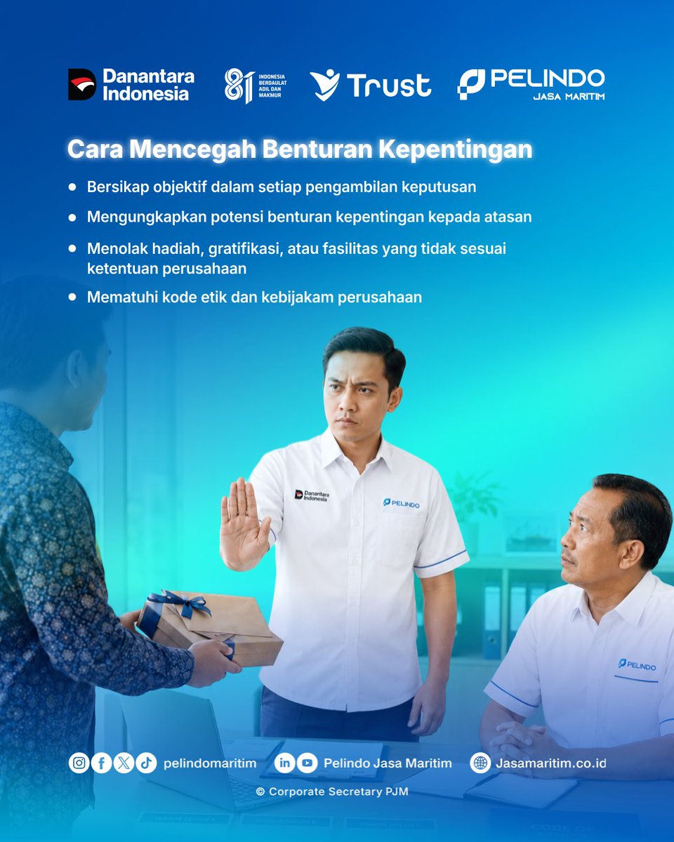 Pelindomaritim's tweet photo. Hai #SobatMaritim
Hindari Benturan Kepentingan, Jaga Integritas! 🤝
Integritas dimulai dari setiap keputusan yang kita ambil. Hindari benturan kepentingan dengan bersikap objektif, transparan, dan mematuhi kode etik perusahaan. https://t.co/ySQKV0ZCIp