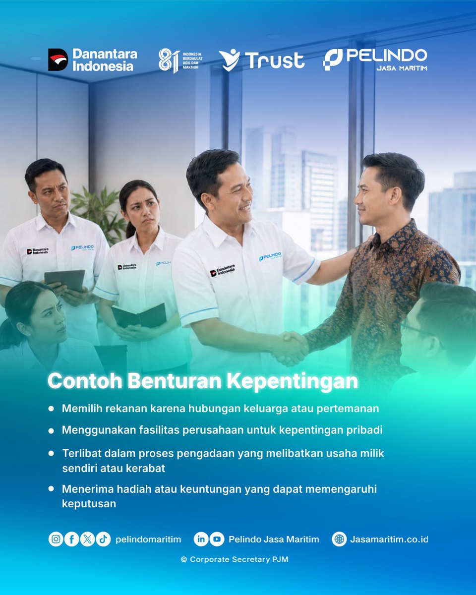 Pelindomaritim's tweet photo. Hai #SobatMaritim
Hindari Benturan Kepentingan, Jaga Integritas! 🤝
Integritas dimulai dari setiap keputusan yang kita ambil. Hindari benturan kepentingan dengan bersikap objektif, transparan, dan mematuhi kode etik perusahaan. https://t.co/ySQKV0ZCIp