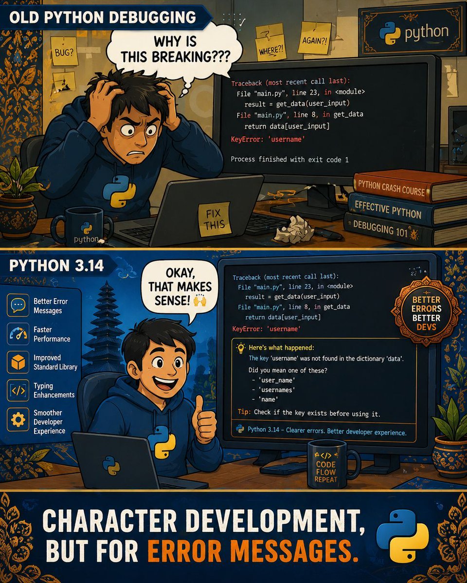 SpagCodeJungle's tweet photo. Character development, but for error messages 😄 #throwbackthursday #devememe #TechThursday #ThursdayVibes #BuildInPublic #coder #developers #softwareengineers #programmers https://t.co/kJCkfB1YPY