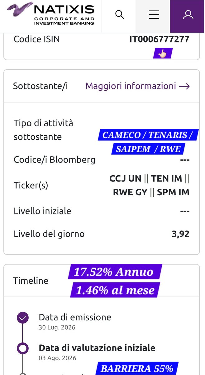 RE_DI_DIVIDENDI's tweet photo. Devo svuotare il conto corrente entro domani
#Natixis è un Rating A- #BPCE è il terzo gruppo bancario in Francia
IT0006777277  1.46% al mese 17.52% Annuo 
Barriere 55% - Tutti energetici 
CAMECO #TENARIS RWE #SAIPEM  https://t.co/oJLljwMtOM
#CERTIFICATI #certificates  #dividendi https://t.co/9C0VeOMPuT