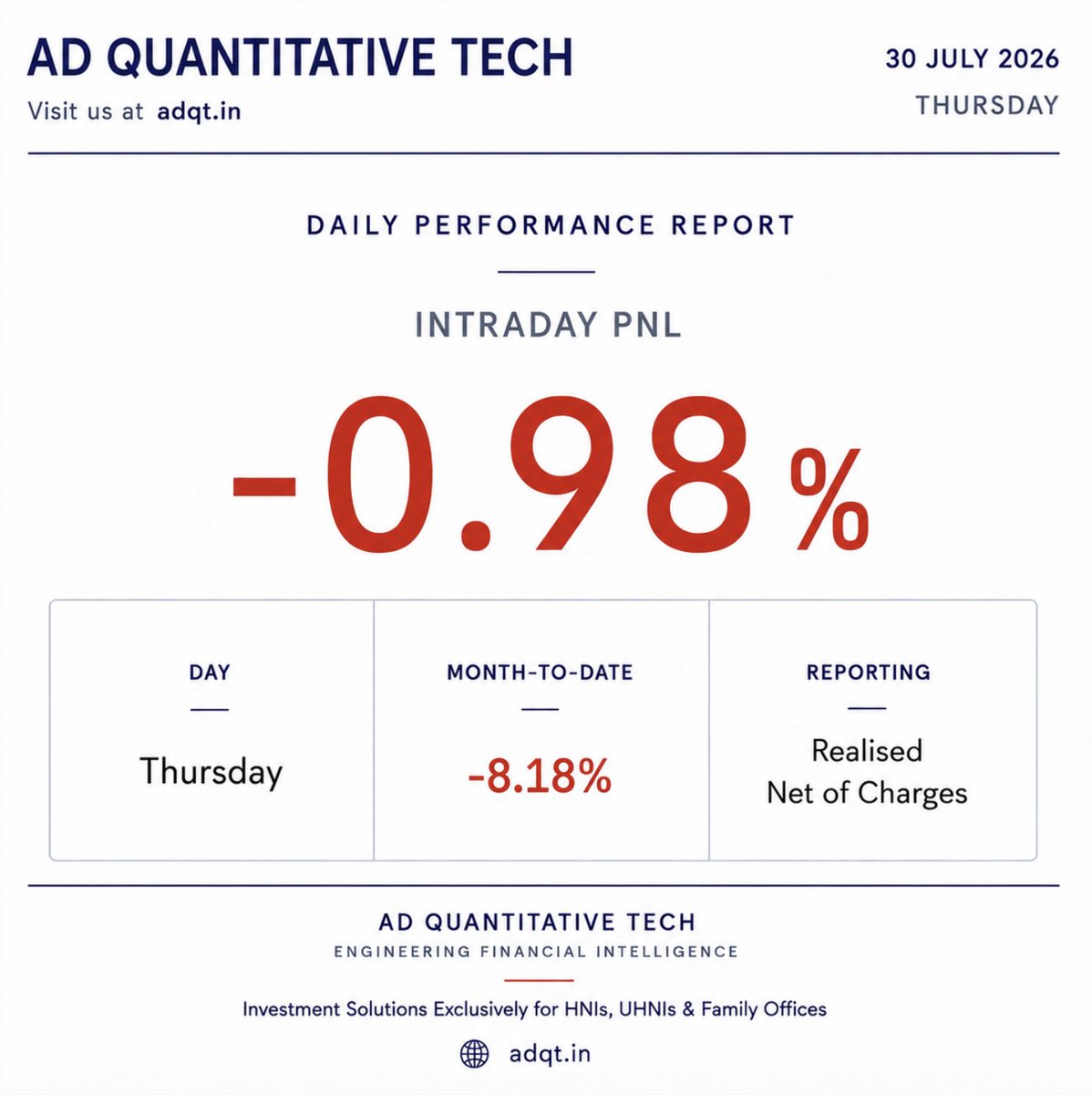 AD_QTECH's tweet photo. Daily Performance Report
Performance for the trading session (30-07-26) is attached below.
#ADQuantitativeTech
Visit us at π https://t.co/ky3ZtkUyJp
