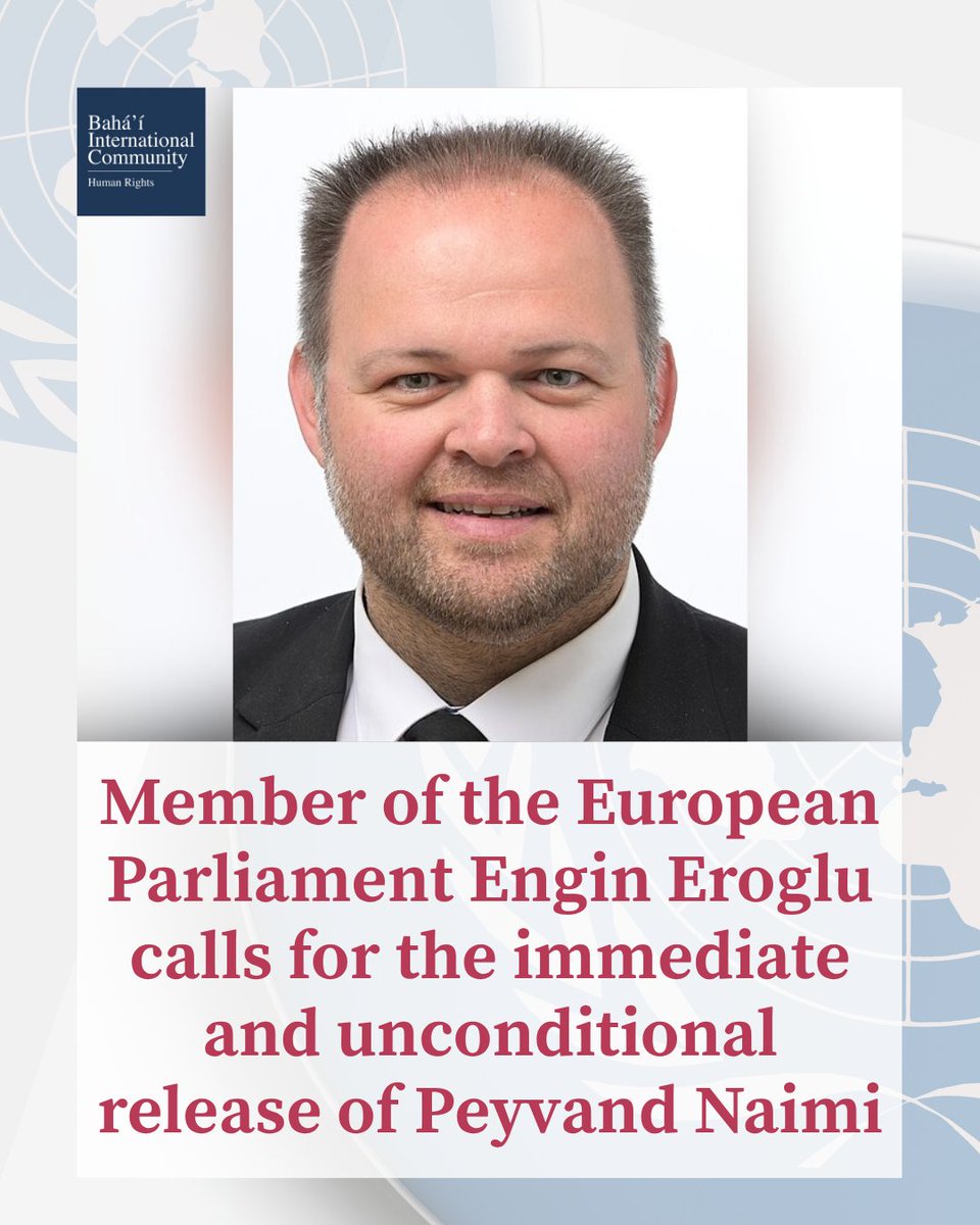 BahaiBIC_Rights's tweet photo. Member of the European Parliament @EnginEroglu_FW calls for the immediate protection of Peyvand Naimi.
Peyvand Naimi has been arbitrarily detained since January 2026 and has reportedly endured severe physical and psychological abuse, including two mock hangings, prolonged torture, and forced attempts to extract false confessions.
His statement joins a growing chorus of parliamentarians and human rights advocates worldwide calling out the Iranian government's ongoing persecution of the Bahá’ís in Iran.
#BahaiRights #PeyvandNaimi #EnginEroglu #Iran #HumanRights