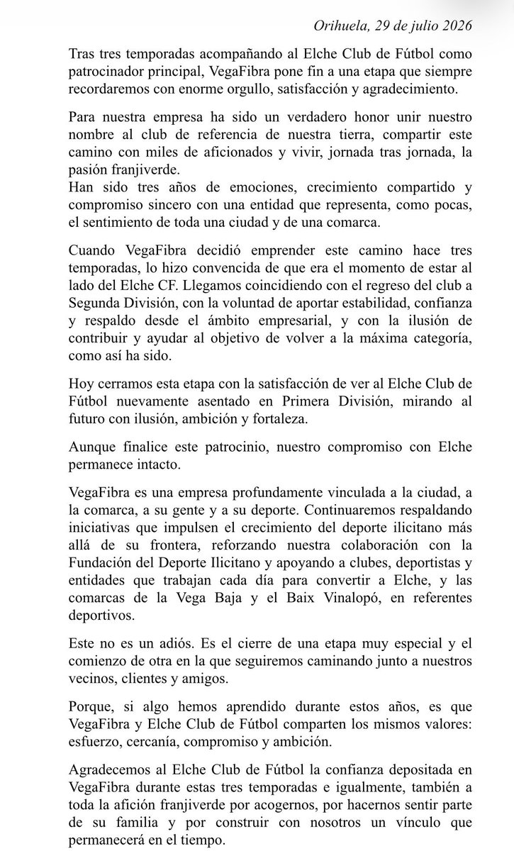 DeportesCOPEelx's tweet photo. ℹ️ VegaFibra emite un comunicado donde afirma que dejarán de ser patrocinadores principales del Elche CF: https://t.co/QBf2aV5Ei9