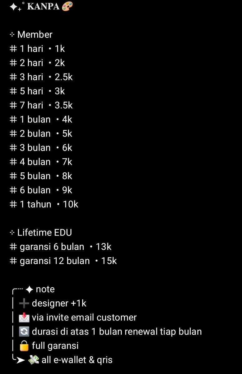 euniceeshp_'s tweet photo. @csmmakima ╭┈ ✦ note
│ ➕ designer +1k
│ 📩 via invite email customer
│ 🔄 durasi di atas 1 bulan renewal tiap bulan
│ 🔒 full garansi
╰➤ 💸 all e-wallet &amp; qris
📱 https://t.co/cGGpPKtOHE
🧾 testi : https://t.co/gdmIJEsSm6  https://t.co/1iONavvp8S