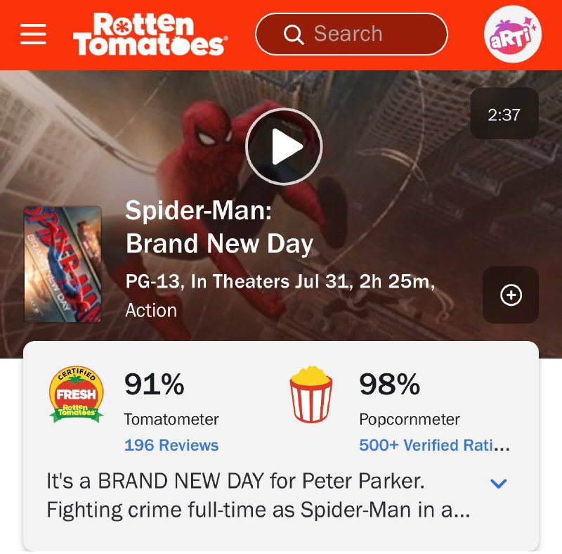 marvel_updat3s's tweet photo. ‘SPIDER-MAN: BRAND NEW DAY’ debuts with an audience score of 98% on Rotten Tomatoes.

• The highest-rated MCU movie of all time.

• The highest-rated Spider-Man movie. https://t.co/TM2oHrqz8F