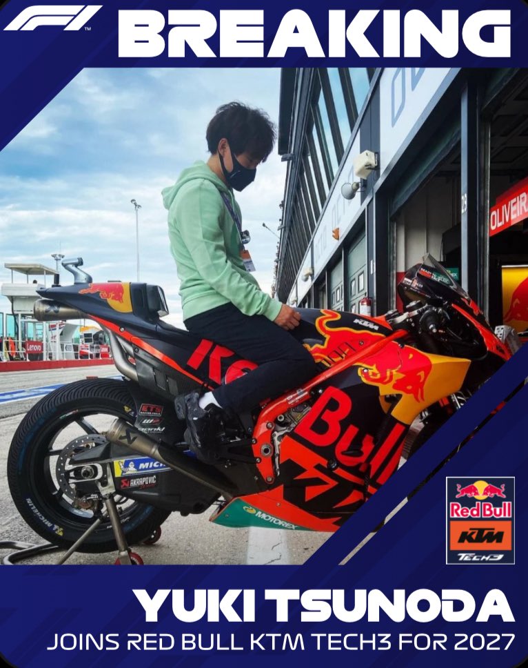 yookietsunoda's tweet photo. 🚨TSUNODA TO KTM TECH3

The japanese driver will reportedly be making the switch from four wheel racing to two with Red Bull KTM Tech3 in MotoGP. 

“This year’s F1 regulations don’t look very enjoyable to drive so I thought I’d try something new” - Yuki Tsunoda https://t.co/2ca8LjZkdL