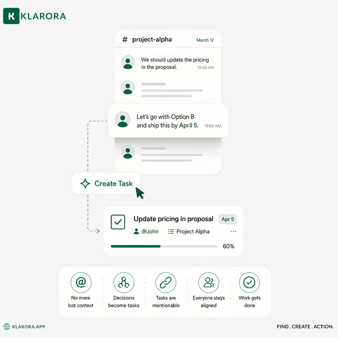 Kairos_Connect's tweet photo. Somewhere in a chat thread from March is the reason your project is late.
The hidden cost of work isn't software fees—it’s the invisible copy-paste layer between conversation and execution.
In Kairos:
• Turn messages into tasks in 1 click
• Tag live tasks in chat
• Zero context loss
How do you bridge chat & execution?
#Productivity #ProjectManagement #Collaboration #FutureOfWork #TeamCommunication #WorkflowManagement #B2BSoftware #KairosConnect