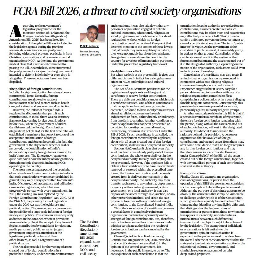 DMKITwing's tweet photo. FCRA Amendment Bill 2026 - The Sledgehammer on Civil Society!

The #FCRA Amendment Bill 2026 is not about financial regulation; it is a calculated, draconian tool designed to eliminate NGOs, charities, and religious groups.

Clause 16L of this bill grants the government unchecked, arbitrary power to exempt its own "favoured class of organisations" from this law. This leaves the door wide open for political bias and blatantly violates Article 14 of the Constitution, which is Equality before the law.

This bill is a clear attempt to expand state control and destroy independent educational, cultural, and environmental organisations fueled by "deep-seated prejudices".

Editorial by P.D.T Achary, Former Lok Sabha Secretary General for @the_hindu

📎: https://t.co/KHtF5nII7f
