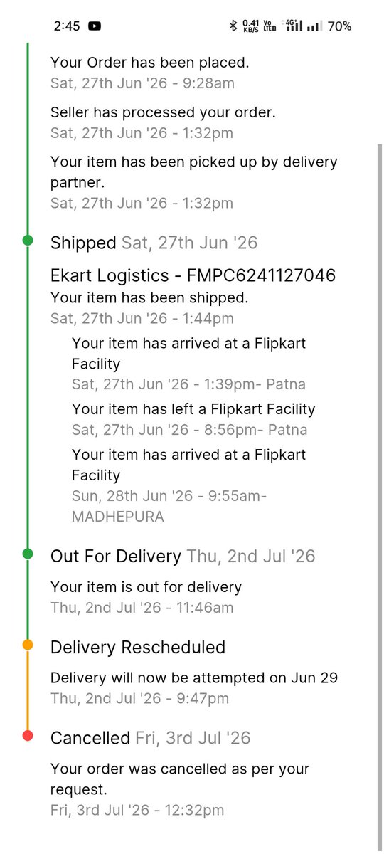 Chaturanankumar's tweet photo. Dear @Flipkart @flipkartsupport   Why take orders when you can't deliver time portals?If the order does not arrive until 5 days after the delivery date,that is automatically cancelled.If I say your delivery boy, he says,"Your order won't arrive. Go ahead and do whatever you want. https://t.co/akKGxV7Wwn