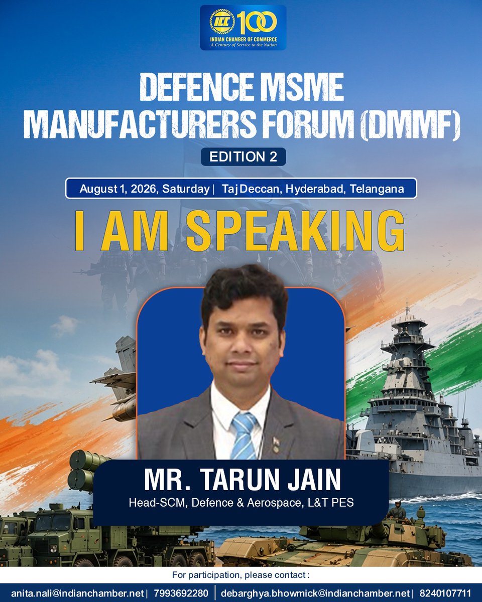 ICC_Chamber's tweet photo. Indian Chamber of Commerce proudly presents the Defence MSME Manufacturers Forum – Edition 2, to be held on August 1, 2026, in Hyderabad. 

This landmark forum brings together defence MSMEs, industry stakeholders, and policymakers to strengthen India’s defence manufacturing ecosystem. With a focus on innovation, collaboration, and self-reliance, the platform will highlight opportunities for growth, technology integration, and global competitiveness in the sector. 

Register now: https://t.co/Qql8PRxUYb

The event underscores ICC’s commitment to empowering MSMEs and advancing India’s vision of becoming a leading hub for defence and aerospace manufacturing.

#DefenceManufacturing #MSME #MakeInIndia #DefenceIndustry #IndianChamberOfCommerce

@larsentoubro | @AzadEngOfficial | @DRDO_India