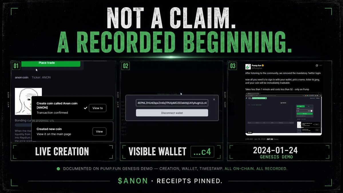 ANON_ArchiveDB's tweet photo. Most origin stories start with a claim.

$ANON starts with footage.

A live creation.
A visible wallet.
A timestamped beginning.

Receipts pinned. https://t.co/GOIaURl6ek