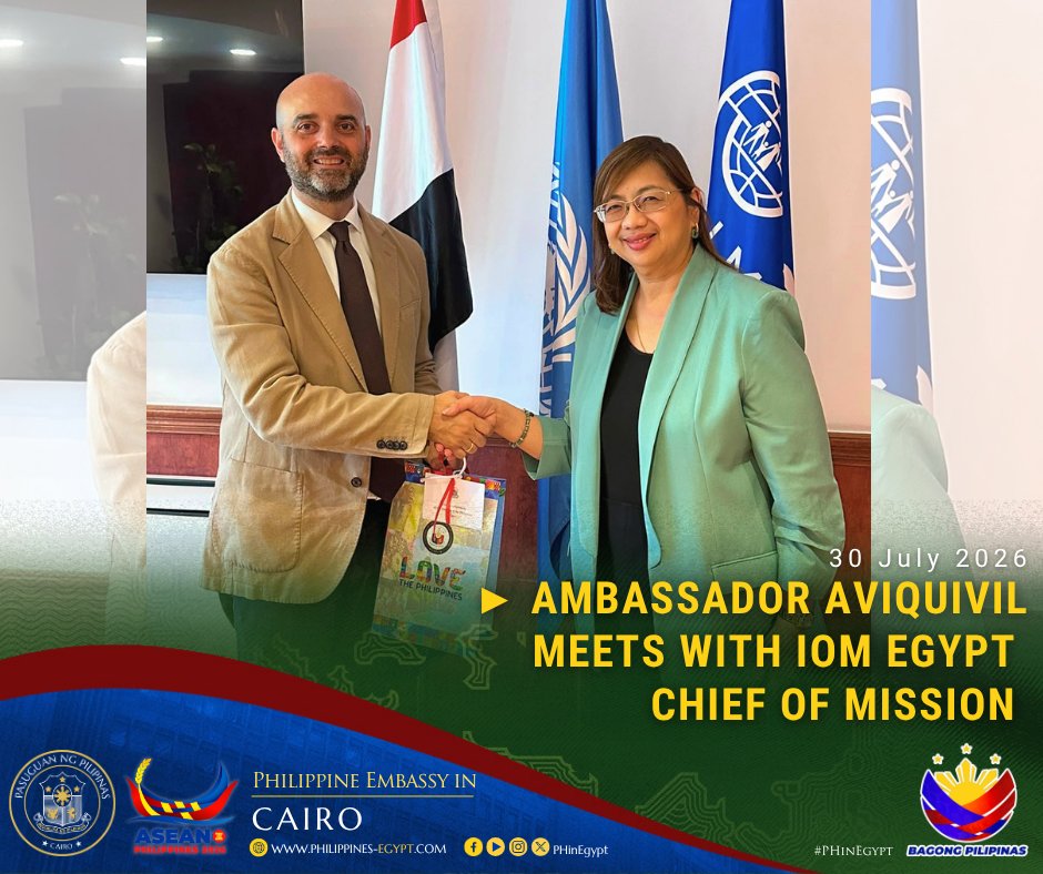 PHinEgypt's tweet photo. 30 July 2026 - Ambassador Aviquivil Meets with IOM Egypt Chief of Mission

Full story: https://t.co/BmNyw2Zke9

#PHinEgypt https://t.co/m9aNILSgc9