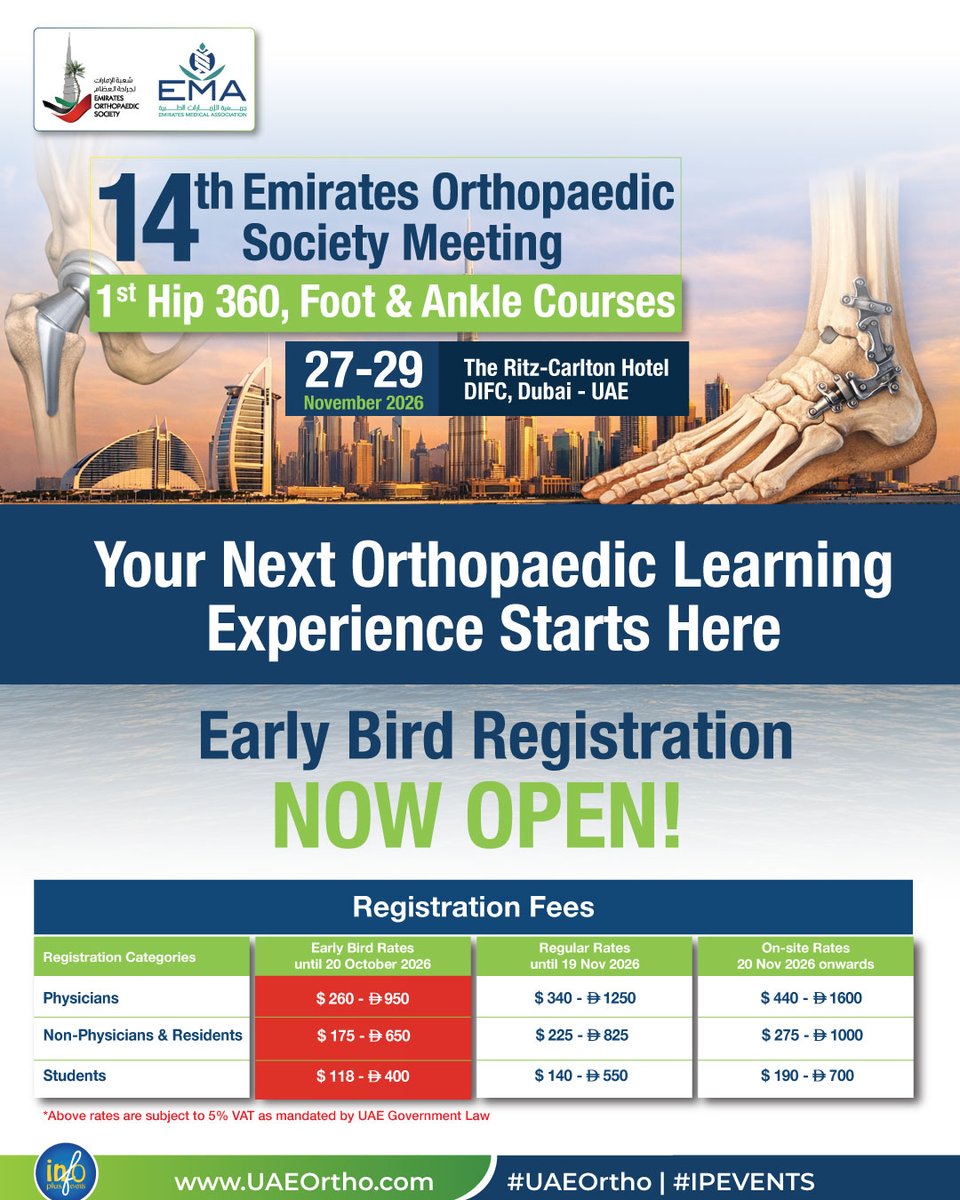 UAEOrthoCongres's tweet photo. Early Bird Registration is NOW OPEN for #UAEOrtho2026!
Join us for the 14th Emirates Orthopaedic Society Meeting, featuring the 1st Hip 360, Foot & Ankle Courses from 27–29 Nov at The Ritz-Carlton Hotel, DIFC, Dubai, UAE.
Register now @ https://t.co/0Gb7OBVB6E
#IPEvents https://t.co/PdFf0eN288