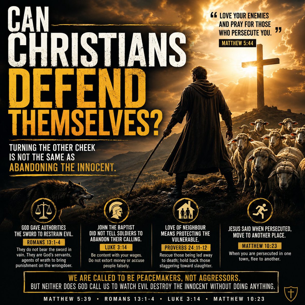revwickland's tweet photo. Can Christians Defend Themselves?

Many Christians today are told that the only biblical response to evil is to "turn the other cheek." But is that really what Jesus meant?
In Matthew 5:39, Jesus teaches, "Whosoever shall smite thee on thy right cheek, turn to him the other also." In its context, this is speaking about personal insult, retaliation, and the spirit of revenge. 

Christ calls His followers to endure personal offence without seeking vengeance. Likewise, He teaches us to love our enemies, pray for those who persecute us, and go the extra mile (Matthew 5:38–48).

However, this is not the same as saying Christians must passively allow murder, rape, or violent assault against themselves or those entrusted to their care.

Consider this: if someone broke into your home intending to kill your family, most Christians would immediately call the police. Why? Because, according to Romans 13:1–4, God has established civil authorities to restrain evil. Paul writes that the governing authority "does not bear the sword in vain" but is "God's servant, an avenger who carries out God's wrath on the wrongdoer."

If it is legitimate to call upon those who bear the sword to protect innocent life, then Scripture clearly recognises that force may sometimes be lawfully used to restrain evil.

The ministry of John the Baptist also provides an interesting example. When soldiers asked him, "What shall we do?" (Luke 3:14), he did not tell them to abandon military service. Instead, he instructed them not to extort money, not to make false accusations, and to be content with their wages.

Likewise, when Jesus encountered the Roman centurion (Matthew 8:5–13), He praised the man's remarkable faith. He did not command him to leave his profession before receiving God's favour.

Jesus also told His disciples shortly before His arrest, "Let the one who has no sword sell his cloak and buy one" (Luke 22:36). Whatever the precise interpretation of that difficult passage, it demonstrates that the subject is more nuanced than simply saying Christians may never possess the means of protection. At the same time, when Peter used his sword to prevent Christ's arrest, Jesus stopped him, saying, "Put your sword back into its place, for all who take the sword will perish by the sword" (Matthew 26:52). Christ's mission was to accomplish redemption through the cross, not to resist His Father's will by force.

Scripture therefore distinguishes between personal vengeance—which is forbidden—and the legitimate restraint of evil, which God has ordained through lawful authority.

Jesus also instructed His disciples that when they were persecuted in one town, they were to flee to another (Matthew 10:23). They were not required to remain in every dangerous situation unnecessarily.

Throughout church history, Christians have wrestled with these questions. Around AD 397–430, laid the foundations of what became known as the Just War tradition. Augustine argued that while Christians should never delight in violence or seek revenge, there are circumstances in which the protection of innocent life and the restraint of grave evil can be morally justified. His ideas were later developed further by in the thirteenth century.

Christians should therefore be known as peacemakers, not aggressors. We should willingly endure insults, slander, ridicule, and even persecution for Christ's sake. We are not called to be quarrelsome or violent people.

But neither does Scripture teach that a husband should stand by while his wife is assaulted, that a father should watch his children be murdered without intervening, or that a shepherd should abandon those under his care to violent attack. Love of neighbour often includes the duty to protect the vulnerable.

Turning the other cheek forbids personal revenge. It does not abolish justice, nor does it necessarily forbid the lawful defence of innocent life.

Rev. Chris Wickland