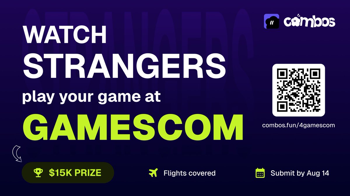 CombosFun_AI's tweet photo. Watch strangers play your game at Gamescom.

That's the prize — plus $15K and flights covered.

Make anything on Combos, submit by Aug 14. One winner goes to Cologne.
👇 https://t.co/sp3EwlCio3