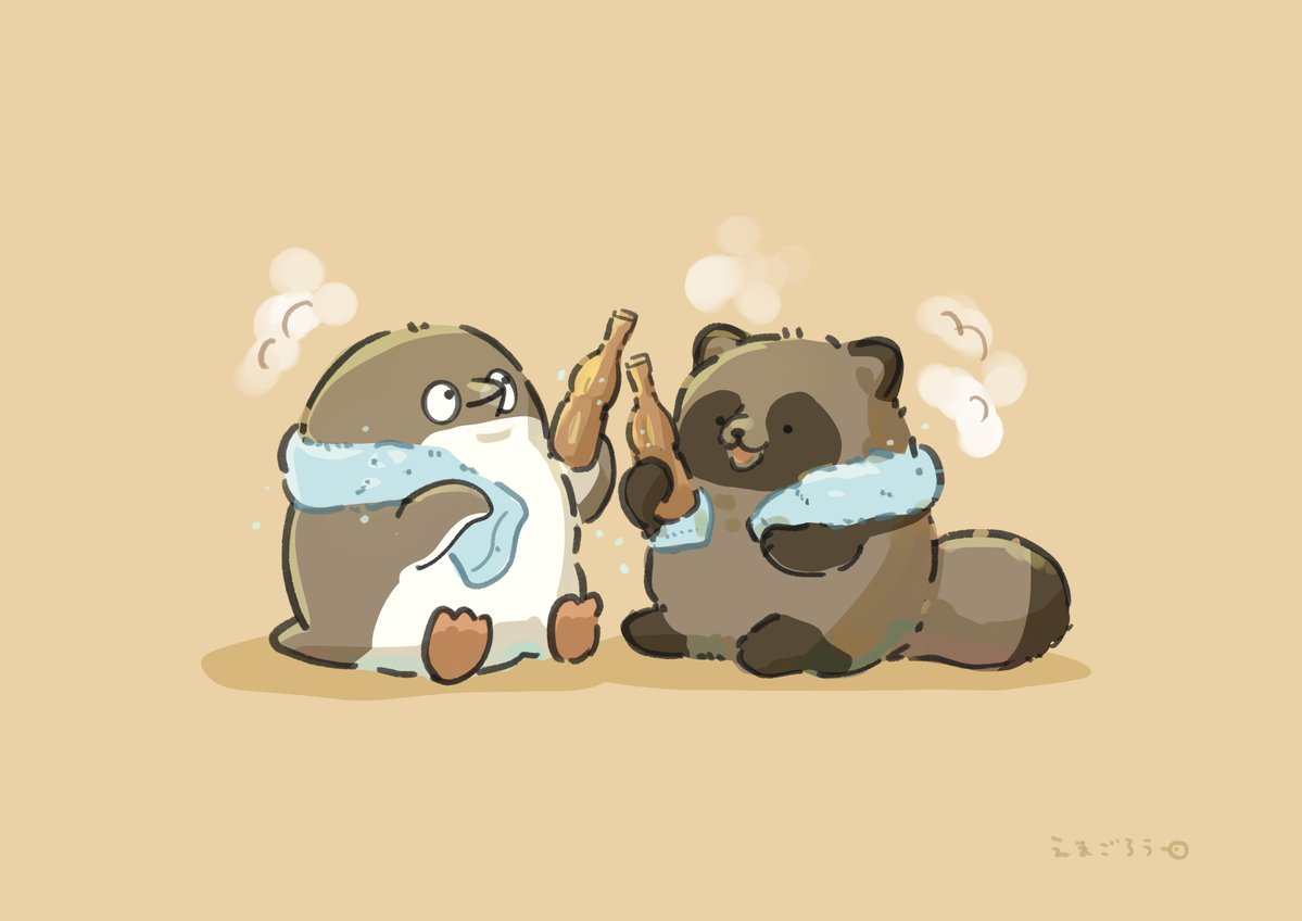 tasoema416's tweet photo. お風呂上が��にパピコで乾杯するたぬきとペンギン https://t.co/BcZsCA41ti