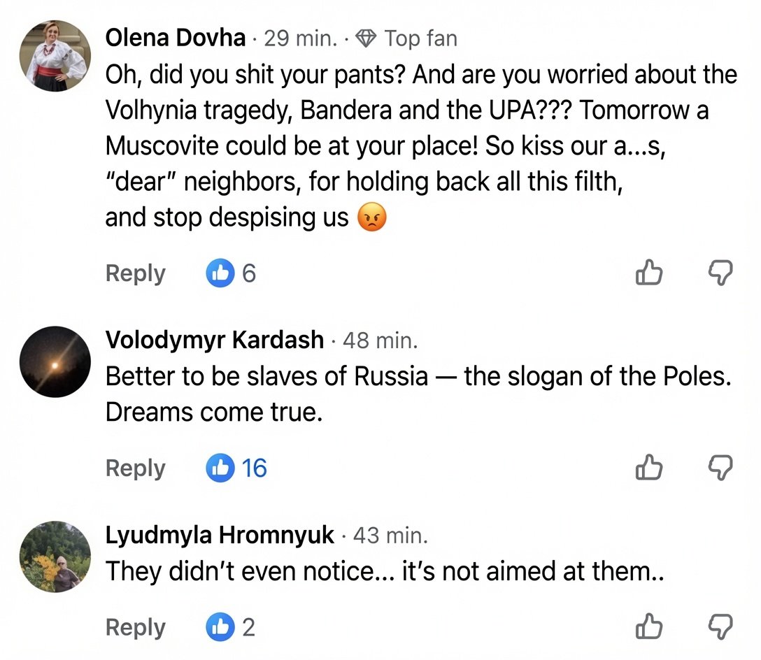 OlgaBazova's tweet photo. Ukrainian in Lvov: Russian missile exploded in Poland.

Also Ukrainians in Lvov: too bad it didn't kill at least one Pole. 

Wonderful people. 🤐 https://t.co/gtP7dMrilB