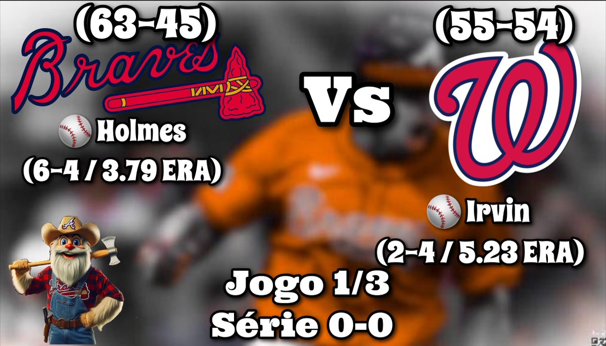 BravesBrasil's tweet photo. #GameDay @Braves  (63-45 / .583  / - - GB

🆚️ @Nationals (55-54 / .505 / 8..5 GB)
🏆 @MLB
⏰ 20h15 (BRT)
🪓 Jogo (1/3- Séri÷ 0-0)
🏟 @TruistPark 
📍 Jogo 109/162
🇧🇷 - -

⚾️ Holmes (6-4 / 3.79 ERA) - ATL 
⚾️  Irvin (2-4 / 5.23 ERA) - WSH

#BravesCountry https://t.co/d9tTI6si8e