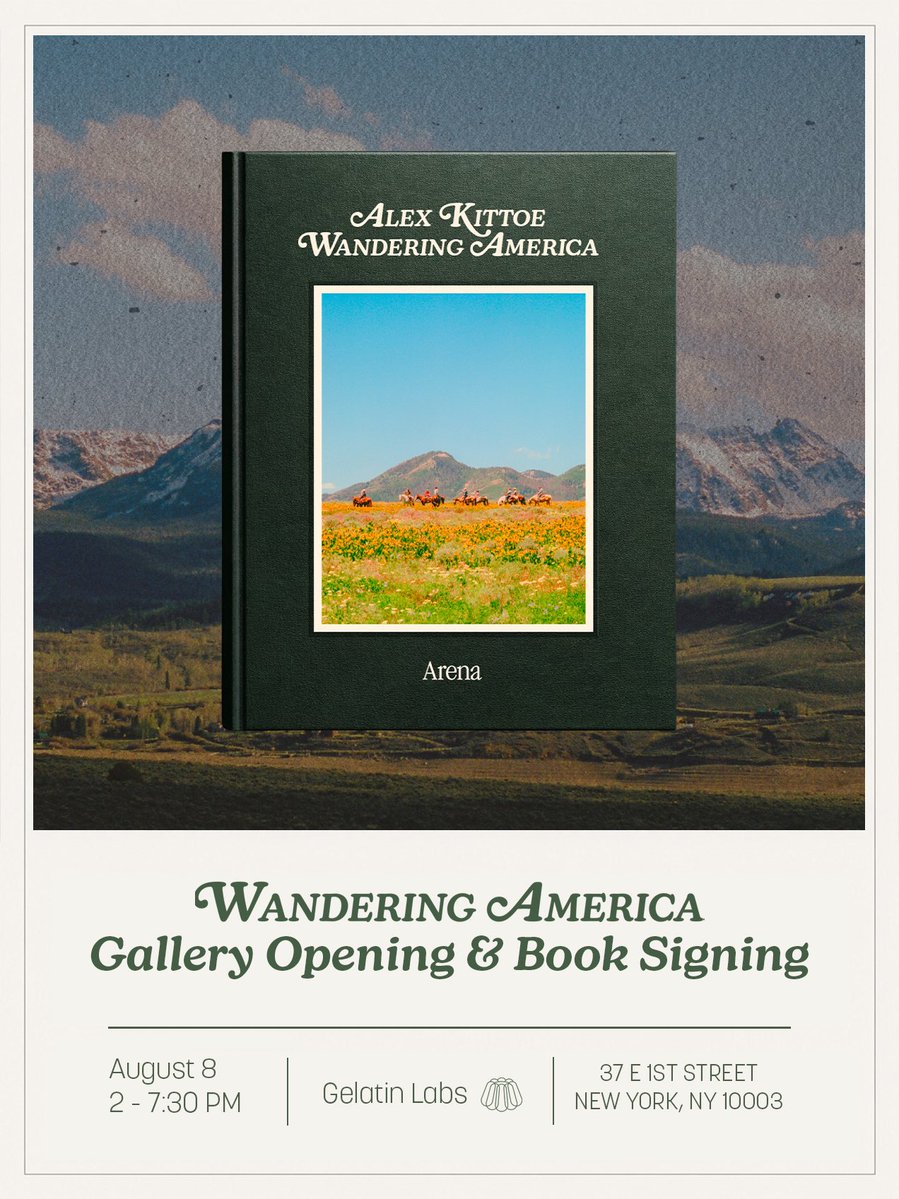 AlexKittoe's tweet photo. New York friends 

I’m hosting a small exhibition and book signing for Wandering America at Gelatin Labs next Saturday, August 8, from 2–7:30PM.

The event is free. Come grab a book, see some prints, or just stop by for a drink and say hey! https://t.co/D8d07Xxo6G