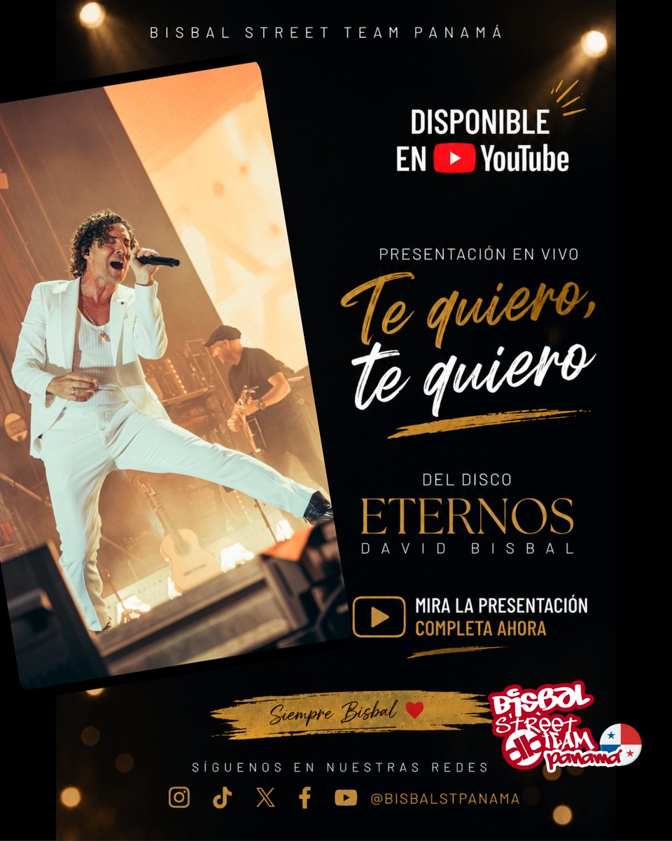bisbalpanama's tweet photo. ¡Ya está disponible! • ¡@davidbisbal nos vuelve a emocionar con su extraordinaria interpretación en directo de "Te quiero, te quiero", una de las joyas de su álbum Eternos!. • https://t.co/MwccYEs6HW • #DavidBisbal #EternosDB #TeQuieroTeQuiero https://t.co/Pl7vCeqOOj