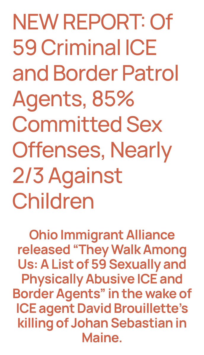 WalshFreedom's tweet photo. ICE HUNTS “THE WORST OF THE WORST.” BUT WHO’S POLICING ICE?

A nationwide report exposes 59 entries involving ICE, Border Patrol and affiliated personnel:

• 50 involved reported sexual offenses
• 37 involved underage victims
• 35 involved alleged or proven sexual offenses against children

These agencies carry guns, conceal their identities and wield enormous power over families. https://t.co/du9bv2TwAq helps immigrants and allies prepare, protect their children and fight back legally after ICE encounters.

Keep PAXIS free: https://t.co/Hi5Yo2MuXu

Read the report: https://t.co/kSDFsiRtbo
