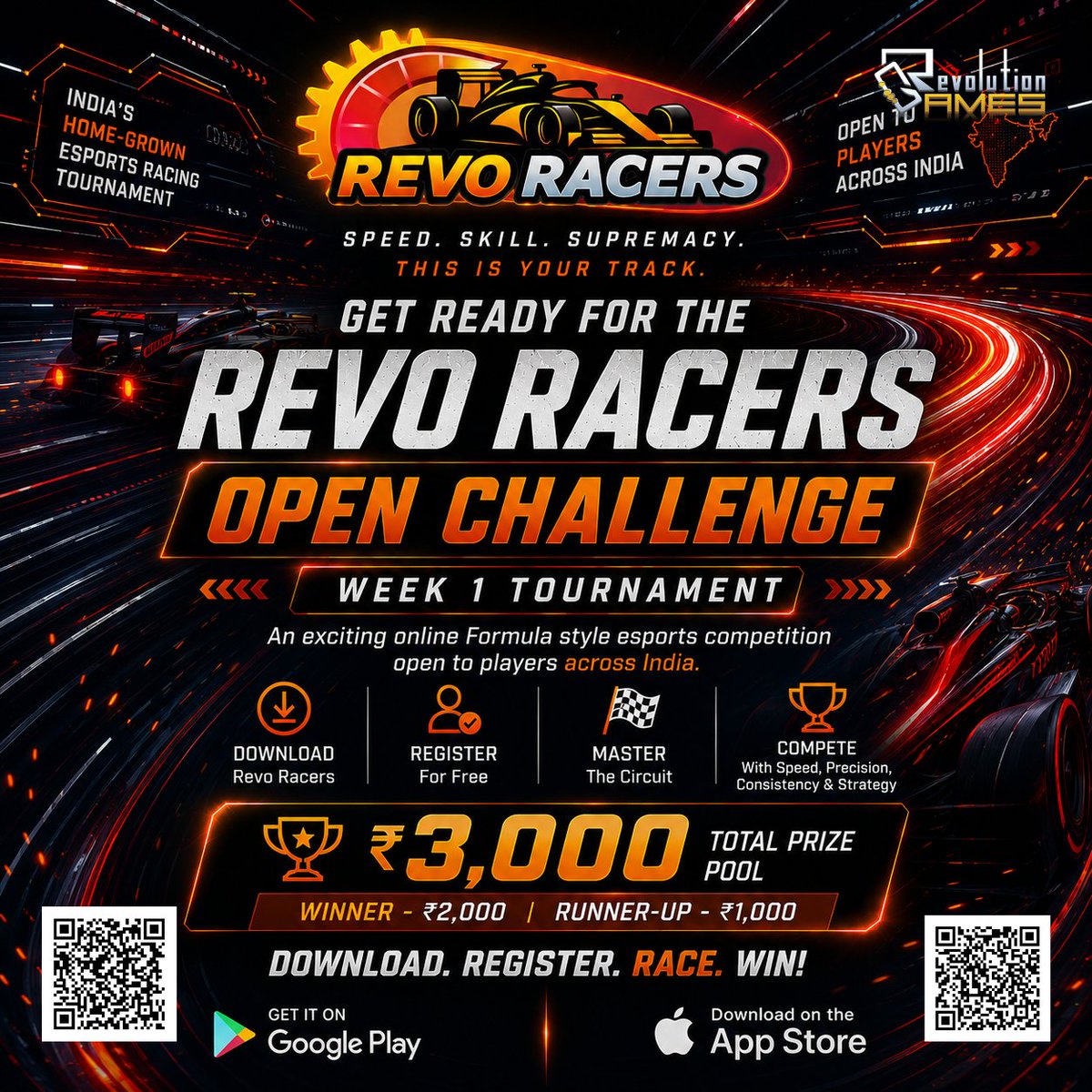 RevoRacers's tweet photo. The Revo Racers Open Challenge – Week 1 is LIVE!
Compete against racers across India for a ₹3,000 prize pool.
 ₹2,000 |  ₹1,000
Download, register FREE &amp; prove your skills.
🌐 https://t.co/KSgmirSlxh
#RevoRacers #EsportsIndia #FormulaRacing #SimRacing #Gaming https://t.co/lUJxx5kKhf