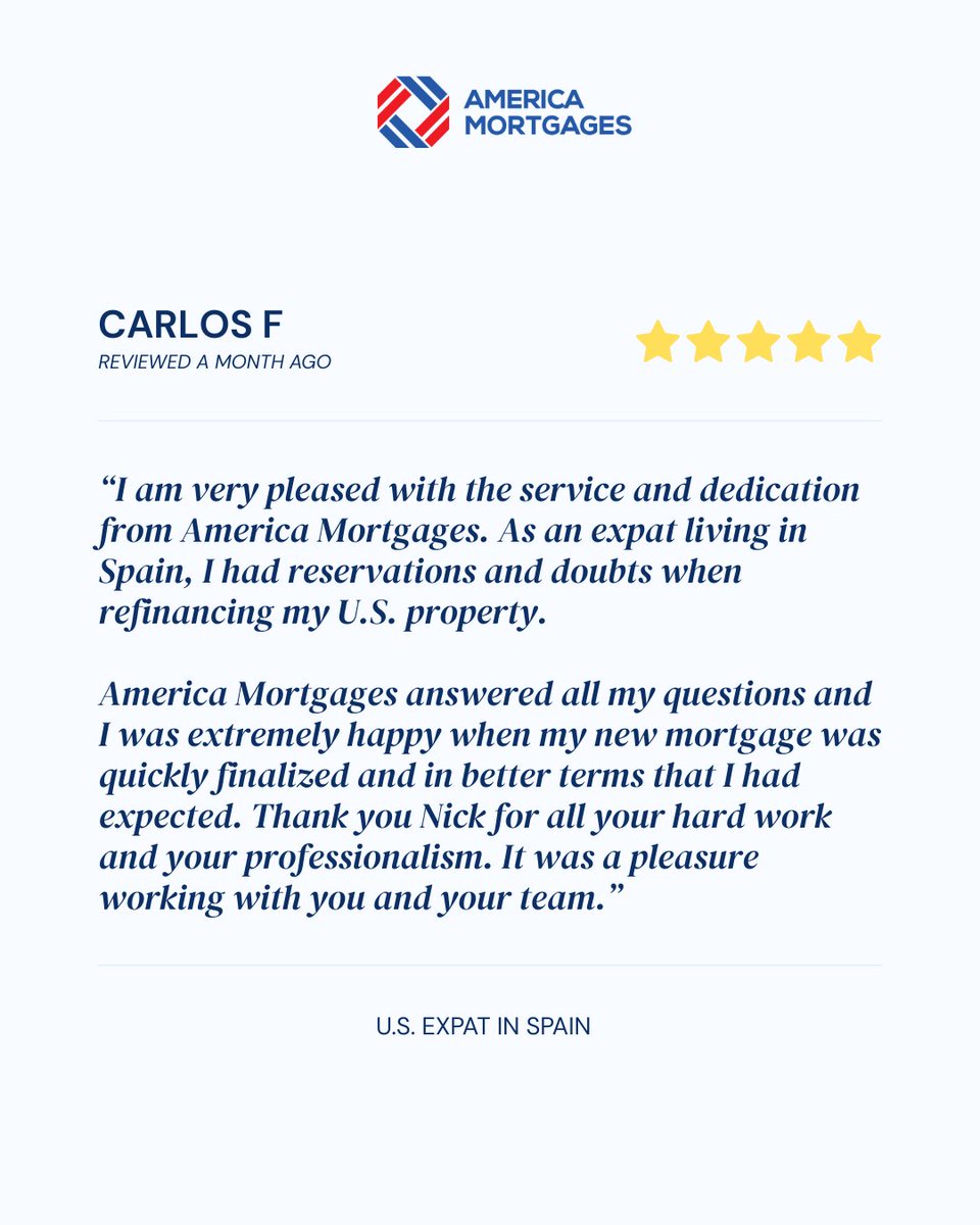 Mortgage_AM's tweet photo. "As an expat living in Spain, I had reservations and doubts when refinancing my US property. America Mortgages answered all my questions and I was extremely happy when my new mortgage was quickly finalized — in better terms than I had expected." — Carlos Fung, Google Review

This is exactly why we exist. 

Refinancing a U.S. mortgage as an expat comes with real questions: Can I do this from overseas? Will my foreign income count? Will the rates even make sense?

For Carlos, the answers were yes, yes and better than expected.

Shoutout to Nick and the team for making a cross-border refinance feel simple. 👏

Living abroad and holding a U.S. property? Your current mortgage might be costing you more than it should.

#AmericaMortgages #ExpatMortgage #USMortgageRefinance #ClientReview #ExpatLife