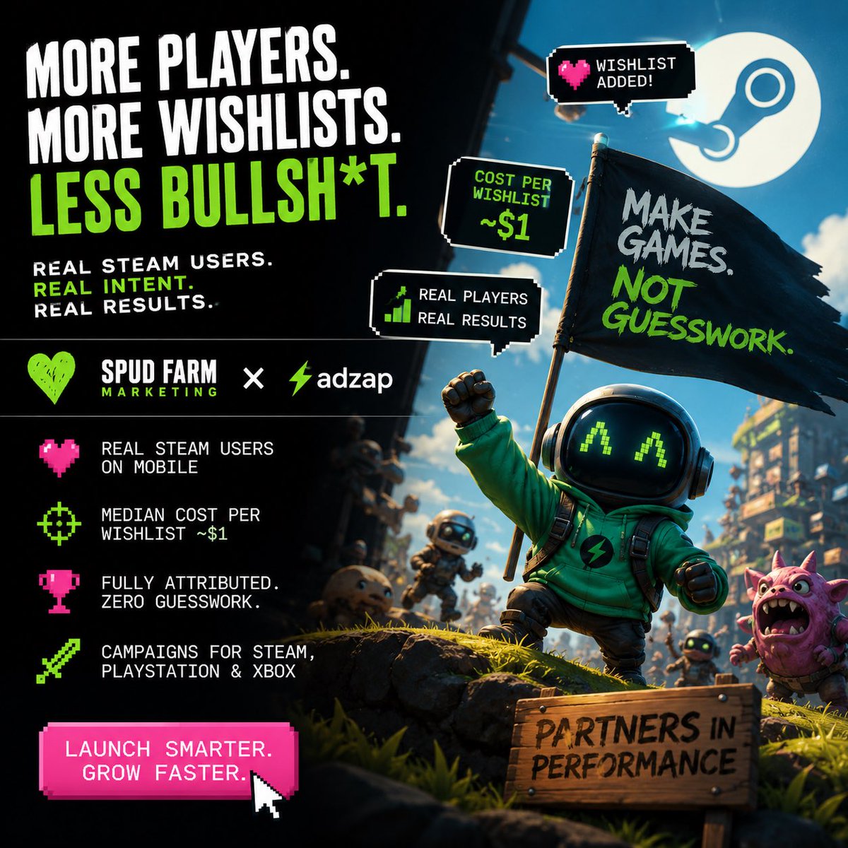 SpudFarmers's tweet photo. If you dont know about AdZap, you need to.

They deliver affordable targeted Steam wishlist campaigns focused on real users with genuine intent and transparent attribution. They help PC and console developers drive more wishlists, stronger conversion rates, and better ROI. https://t.co/UClOjv9ECz