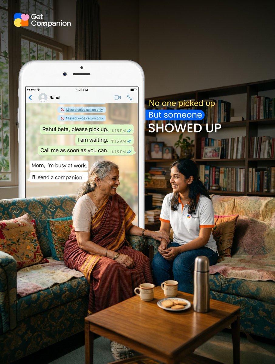 GetCompanion_in's tweet photo. Mom, I'm busy at work... I'll send a Companion."

Kabhi kabhi pyaar ka matlab sirf call karna nahi...
Kisi ko unke paas bhejna bhi hota hai. 💛

Because even when you can't show up, someone can.

#GetCompanion #CompanionCare https://t.co/95rYIdN5UH