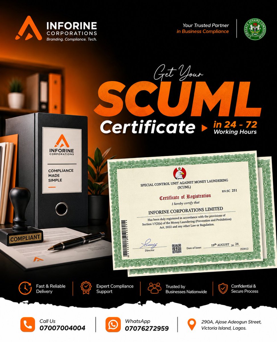 inc_inforine's tweet photo. Is your business required to obtain a SCUML Certificate?
Don't let compliance delays slow your business down.

At Inforine Corporations, we help businesses process their SCUML Certificate quickly and professionally—typically within 24–72 working hours.

Send us a DM today. https://t.co/rA9YQoi0nK