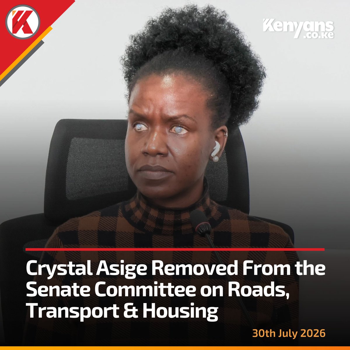 Kenyans's tweet photo. Crystal Asige removed from the Senate Committee on Roads, Transport &amp; Housing https://t.co/41s50OdlWB