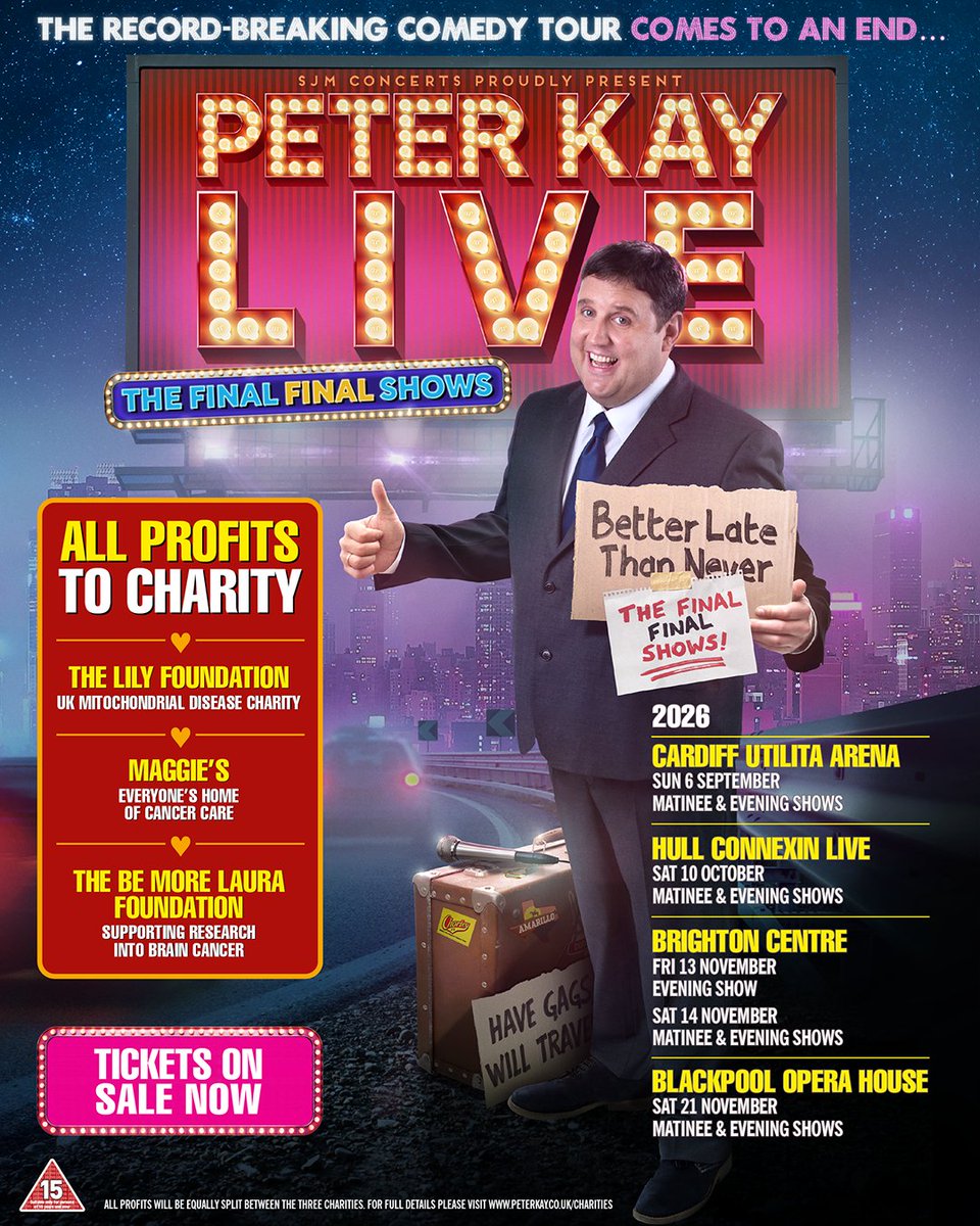 peterkay_co_uk's tweet photo. Peter Kay's record-breaking comedy tour comes to an end...

The UK’s biggest-selling arena artist, Peter Kay, has announced his FINAL, FINAL UK arena shows, with ALL profits donated to charity.  

Tickets on sale now at https://t.co/2RCPNb8Cub https://t.co/zZbXbYYWMu