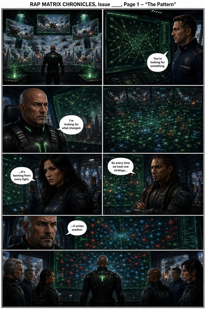 locdasmoke's tweet photo. 📖 RAP MATRIX CHRONICLES
Issue 2: Elysara • Page 1 — "The Pattern"
The battlefield leaves clues.
As Loc-01 studies every engagement, the Pathfinder Corps discovers a disturbing truth...
QUANTIS isn’t repeating its mistakes.
It’s learning from them.
#RAPMatrixChronicles #Elysara #ThePattern #QUANTIS #PathfinderCorps #SciFiComics #Cyberpunk #GraphicNovel #IndieComics #DigitalWar @ToshiArte @neveils_david_c @Delerat7 @luisvillcruz