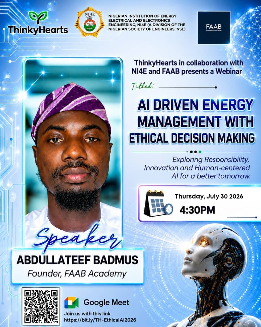 ThinkyHearts's tweet photo. 🚨 Happening Today!

How can AI transform energy while remaining ethical and human-centred?

Join ThinkyHearts, NI4E &amp; FAAB Academy.

🎙 Abdullateef Badmus

🕟 4:30 PM (WAT)

🔗 https://t.co/Lw0h2SnGFt

#AI #EthicalAI #Energy #ThinkyHearts https://t.co/O3H27QbSAR
