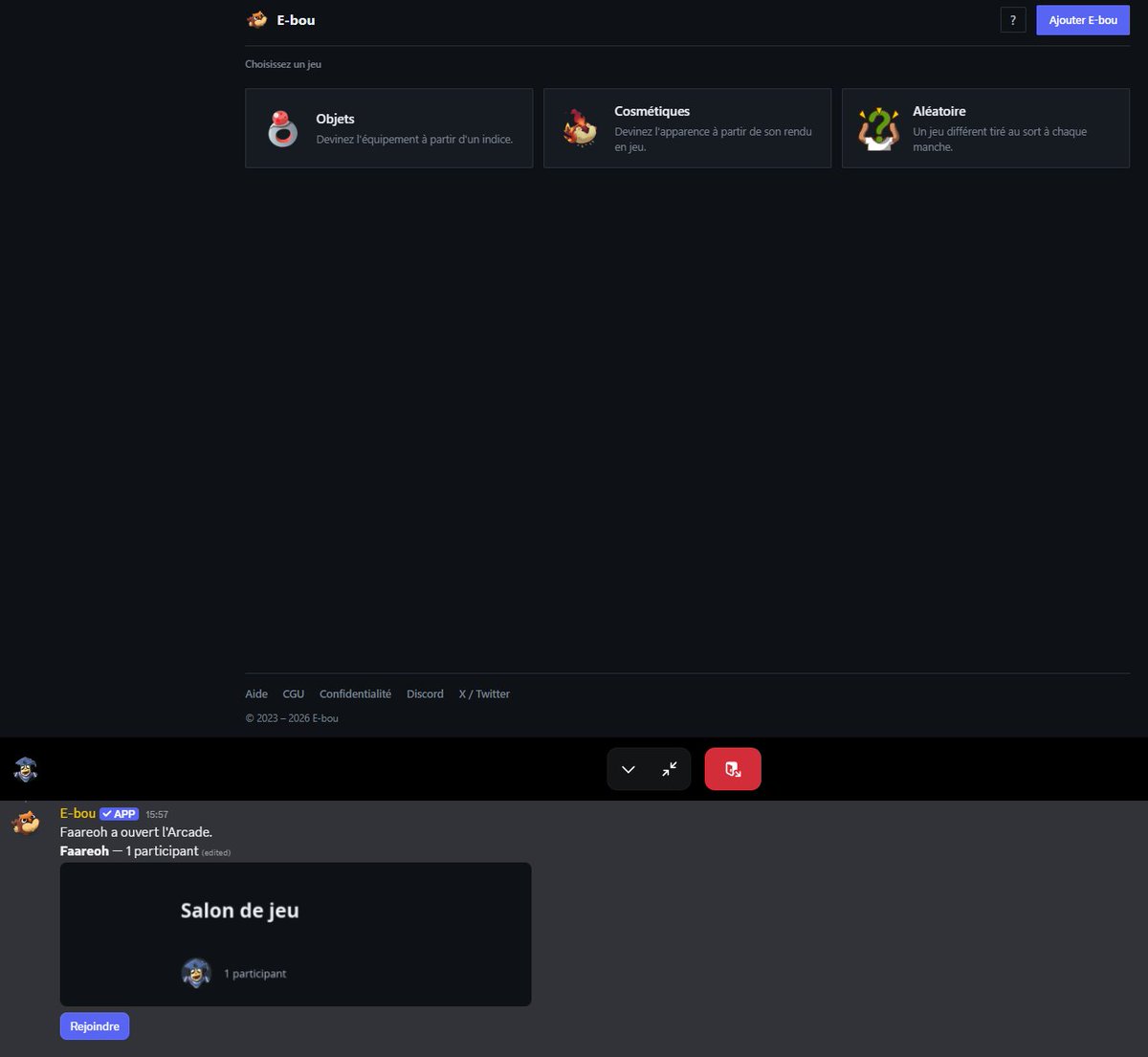 EbouBot's tweet photo. E-bou a désormais son Arcade : des mini-jeux DOFUS jouables à plusieurs, directement dans Discord.

Devinez l'équipement à partir d'un indice, ou le cosmétique à partir de son rendu en jeu. Manches chronométrées, classement par serveur.

/game arcade

https://t.co/00ZHUqBoxn https://t.co/IL4bzbI3nR
