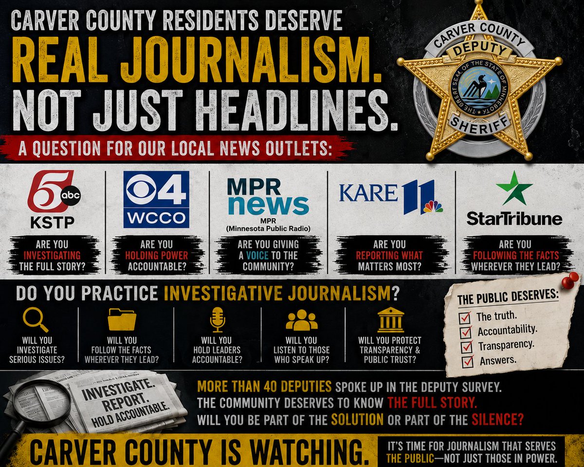 CarverExposed's tweet photo. Over 40 deputies participated 2024 deputy survey, raising serious concerns about leadership, morale, and workplace culture in the Carver County Sheriff's Office.

@KSTP @WCCO @MPRnews @kare11 @StarTribune @LouNewsMan @thauserkstp 

Will you investigate, ask the hard questions? https://t.co/pSKVR9WBOX