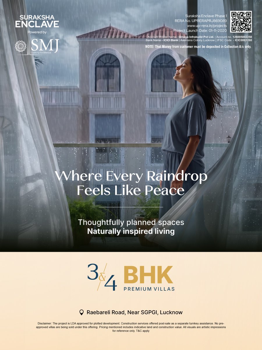 smjgroups_'s tweet photo. The sound of rain.
The breeze through your window.
The comfort of a home designed to bring you closer to nature.
Because true luxury isn't just what you own it's what you feel every single day.

#surakshaenclave #monsoonvibes #luxuryliving #lucknow #monsoonseason https://t.co/BPcUsAmaMA