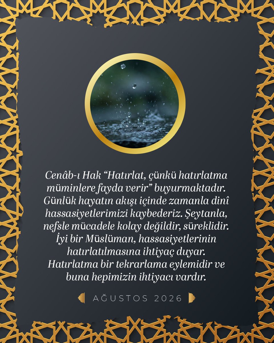 semerkanddergi's tweet photo. Cenâb-ı Hak “Hatırlat, çünkü hatırlatma müminlere fayda verir” buyurmaktadır. Günlük hayatın akışı içinde zamanla dinî hassasiyetlerimizi kaybederiz. Şeytanla, nefsle mücadele kolay değildir, süreklidir. İyi bir Müslüman, hassasiyetlerinin hatırlatılmasına ihtiyaç duyar. https://t.co/ev5kiKUKD4