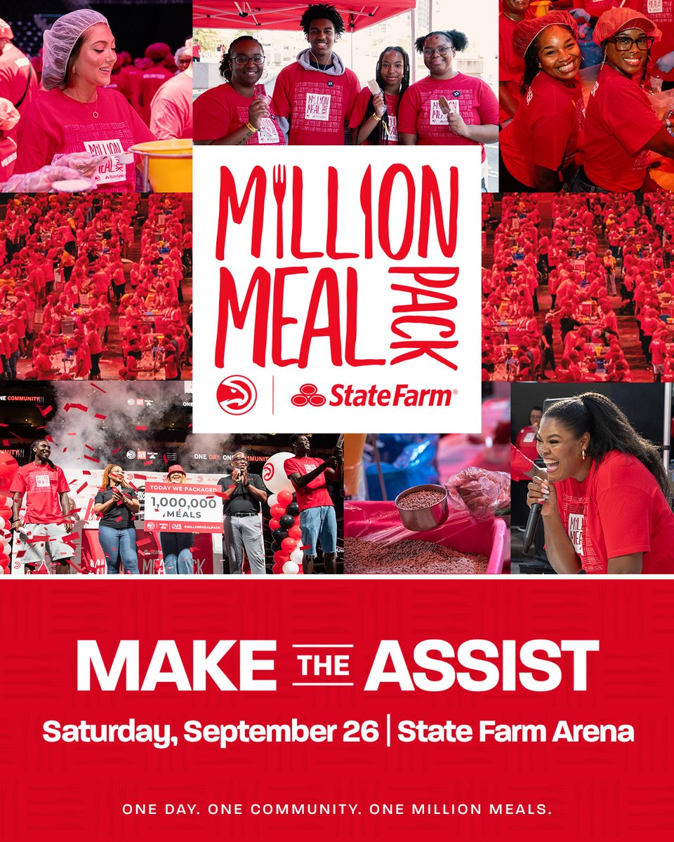 ATLHawks's tweet photo. One community. One morning. One million meals. ❤️

On Saturday, September 26 we team up with @StateFarm for our 6th annual Million Meal Pack to fight food insecurity in Atlanta!

Sign up to volunteer: https://t.co/lHmUU2ahFU https://t.co/2BsfTHyFfn