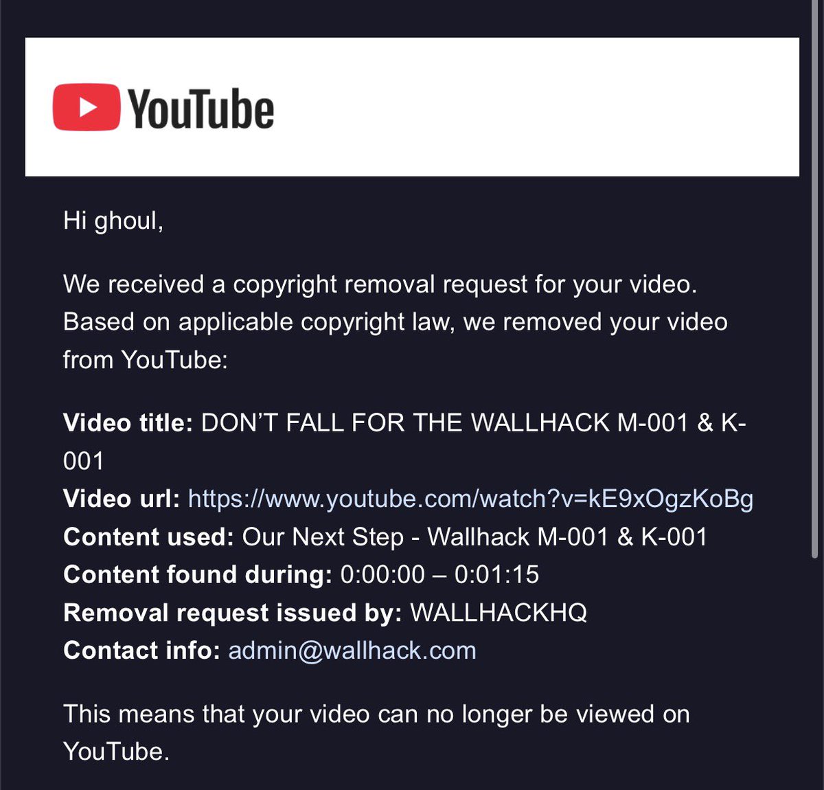 gghoul's tweet photo. @WallhackHQ copyright struck my video telling people to be cautious about their keyboard and mouse.

i understand i had the trailer playing in the background - but, because i was giving commentary, i thought it fell under fair use.

idk, i very well could have been in the wrong. im not too well versed in youtube yet.

but, its disheartening because this was my most popular video.

i feel like they took it down primarily because of the videos sentiment if im honest, not so much bc i used their footage.