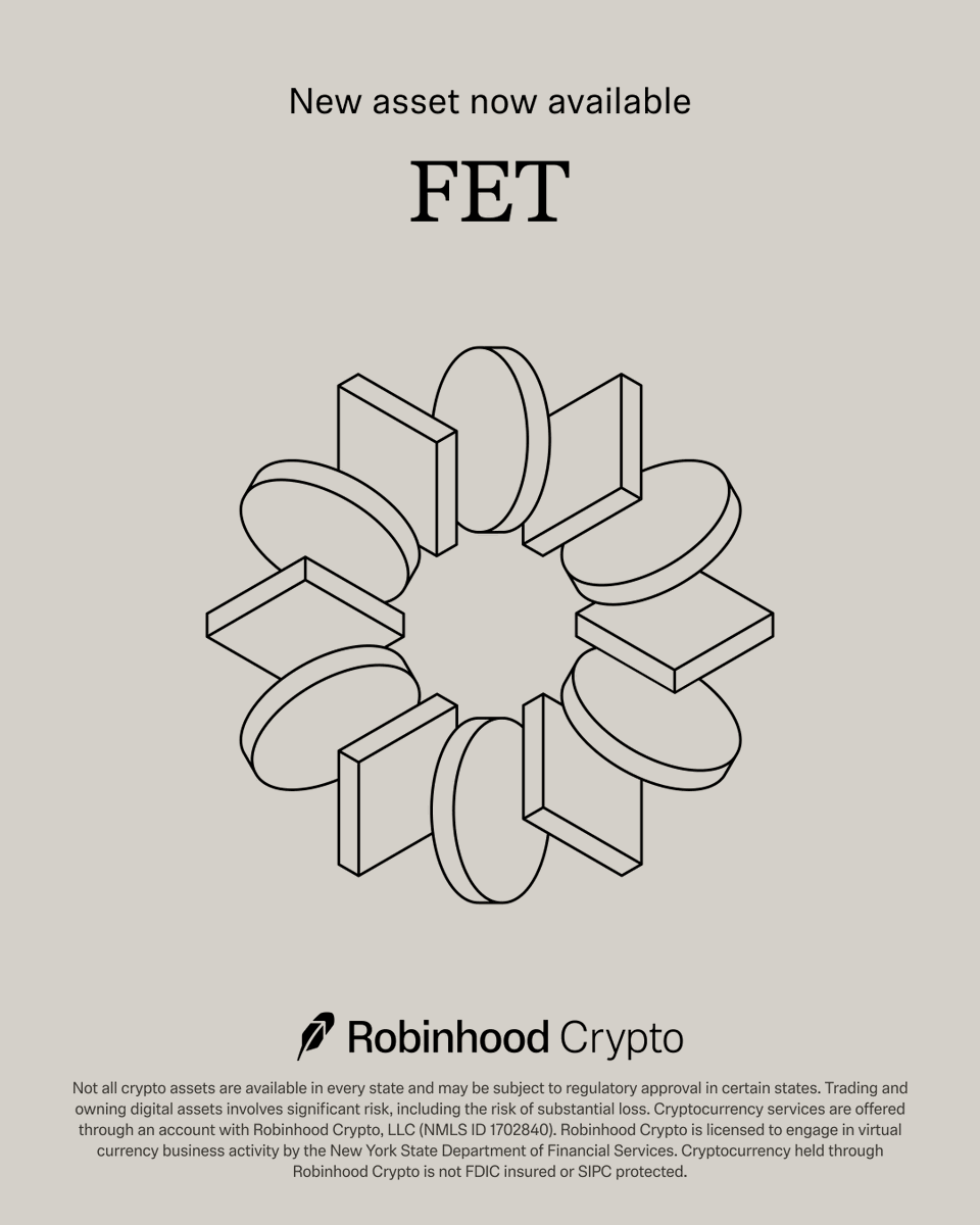 RobinhoodApp's tweet photo. New asset now available to trade on Robinhood Crypto.

$FET (Artificial Superintelligence Alliance) https://t.co/LOMmTUTKPk