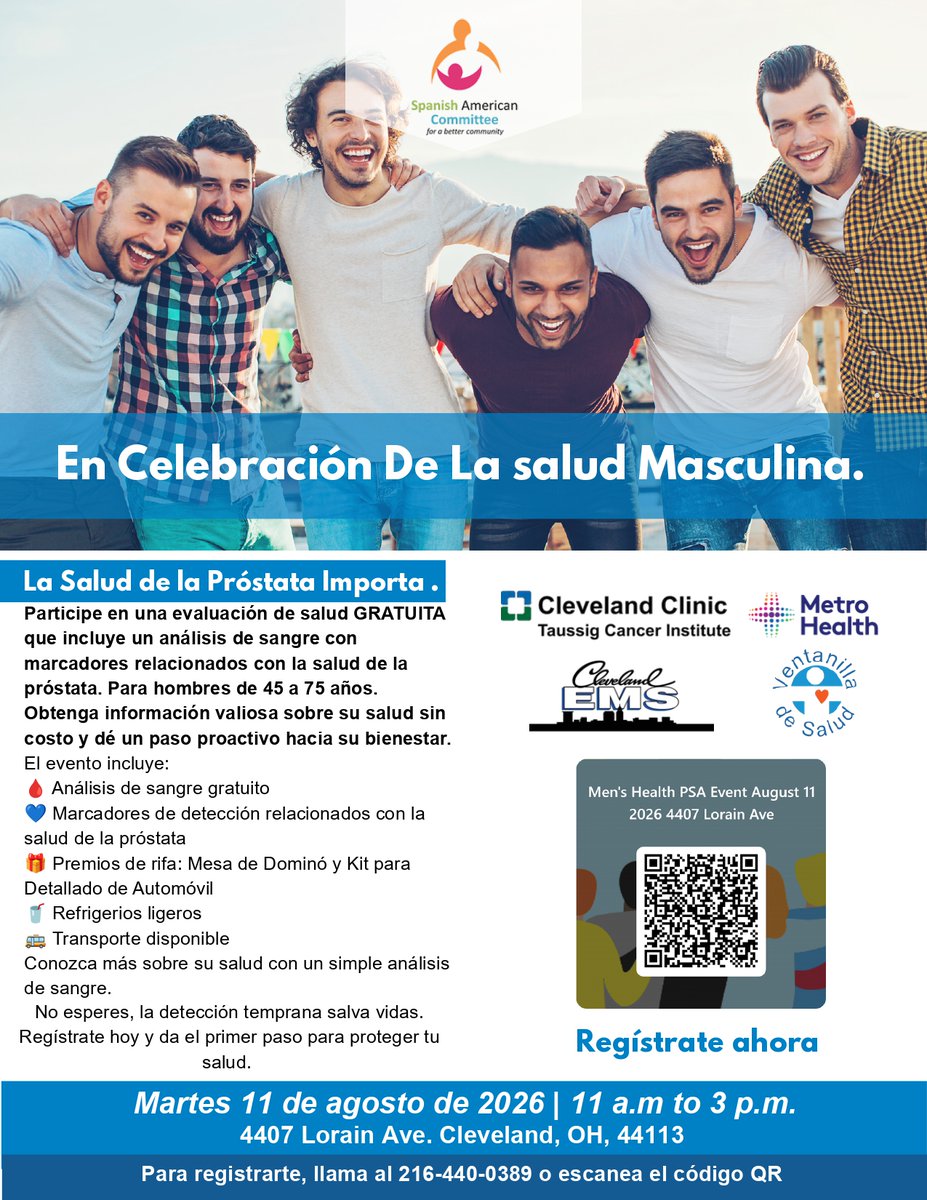 consulmexDET's tweet photo. Si eres hombre de 45 a 75 años y vives en Cleveland, asiste al evento en el cual podrás saber sobre la salud de tu próstata con un análisis de sangre.
📆11 de agosto
🕛11:00 am a 3:00 pm
📍4407 Lorain Ave. Cleveland, OH
#SaludMasculina #SaludProstática #VentanilladeSalud #VDS https://t.co/B9GzitW9xJ