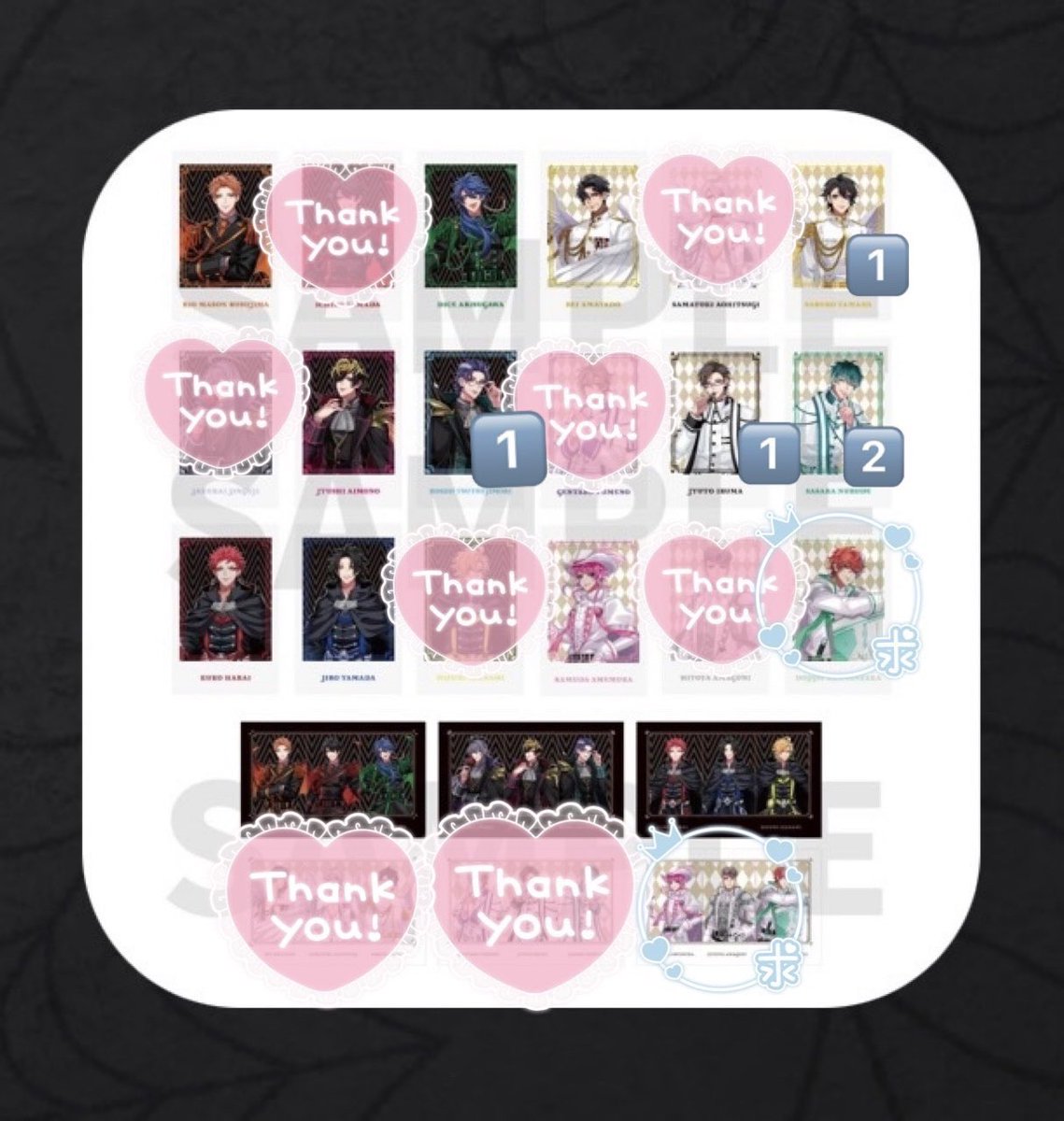 knnnzk0515's tweet photo. 〖 交換 〗
ヒプマイ 9th Anniversary ver. チェキ 9周年

꒰ 譲 ꒱ 
二郎/三郎1⃣/銃兎1⃣/理鶯/乱数/帝統/空却/十四/簓2⃣/盧笙1⃣/零

꒰ 求 ꒱ 
独歩 または 独歩含む幻太郎

︎︎︎︎☑︎数字は残り数
☑︎通販にて3BOX購入予定
カフェ当選した場合現地にてバラ購入予定
お気軽にお声掛けください⟡.· https://t.co/JTzwpuUa18